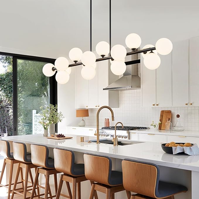 Linear Chandeliers for Dining Room, 55inch Glass Globe Chandelier Black Linear Sputnik Chandeliers 16 Light Large Long Modern Chandelier Milk White Glass Bubble Chandelier Kitchen Island Lighting