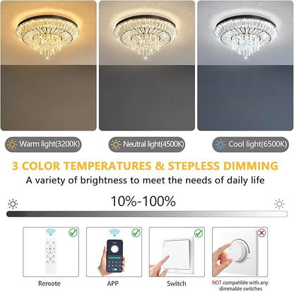 Crystal Chandelier 40W Modern Round Ceiling Light Fixture LED Raindrop Chandeliers Dimmable with Remote for Dining Room Living Room Entryway Hallway Bedroom Black