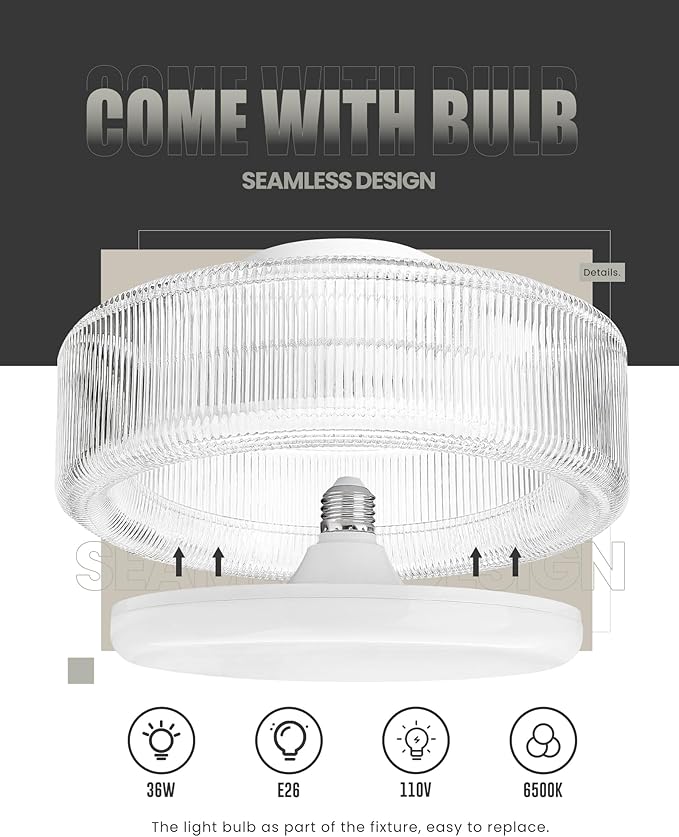 FEMILA LED Ceiling Light Fixture, 12" Flush Mount Ceiling Light with Ribbed Glass, for Kitchen, Hallway, Bedroom, 6500K Daylight White, 4FSE104F WH