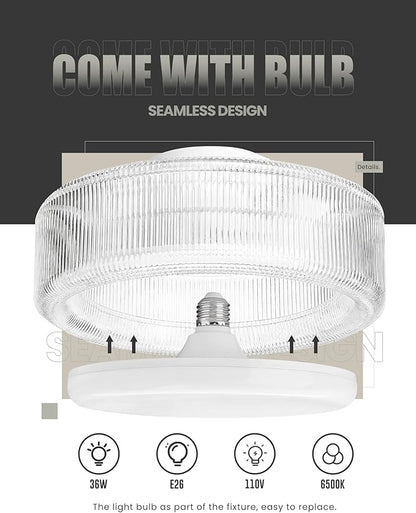 FEMILA LED Ceiling Light Fixture, 12" Flush Mount Ceiling Light with Ribbed Glass, for Kitchen, Hallway, Bedroom, 6500K Daylight White, 4FSE104F WH