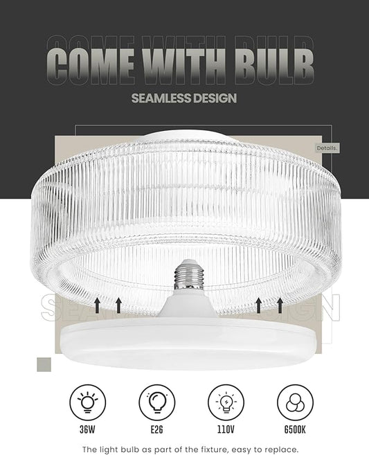 FEMILA LED Ceiling Light Fixture, 12" Flush Mount Ceiling Light with Ribbed Glass, for Kitchen, Hallway, Bedroom, 6500K Daylight White, 4FSE104F WH