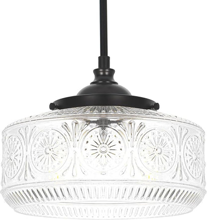 Modern 3 Lights Drum Pendant Light with Etched Glass Shade, Adjustable Height Black Pendant Lights Kitchen Island, Chandelier for Dining Room, Bedroom, Hallway, Bathroom, E12 Base, Bulbs Not Included