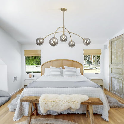 Modern Gold Chandelier 5 Light Smoke Gray Semi Flush Mount Chandelier Vintage Industrial Ceiling Light Dining Room Chandelier for Kitchen Bedroom Hallway
