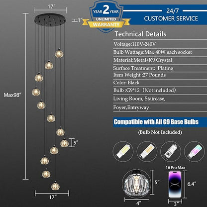 Weesalife Crystal Chandeliers for Staircases, 12-Light Black Modern Chandeliers for High Ceilings，Crystal Pendant Light Fixture for Living Room Kitchen Island Foyer Hallway Bar