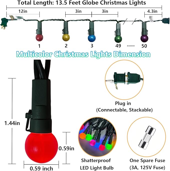 Colored Round Christmas Lights 13.5Ft Vintage Christmas Tree Light 50 LED Mini Multicolor Globe Lights, Plug in Fairy Xmas Light for Indoor Outdoor Home Party Fireplace Balcony Porch Patio Tree Decor