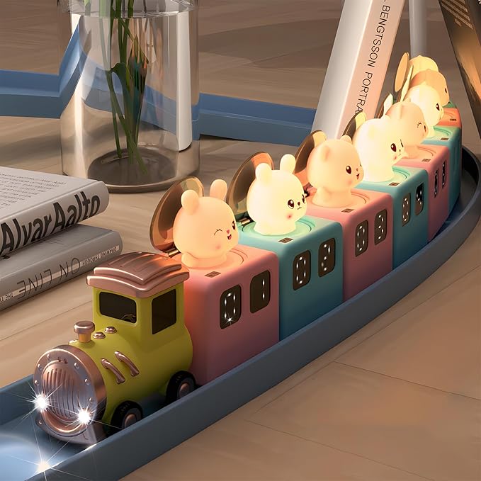 Colorful Life Interactive Train Night Light – Sensor Engine with Musical Animal Cars, Magnetic Connection, Rechargeable, Warm & White LED, Cute Bunny Design (White Rabbit, Eight Tone Model)