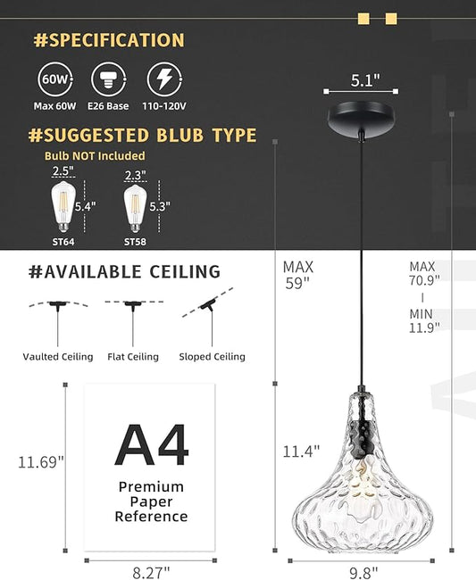 AUTELO Black Pendant Lights Kitchen Island, 10" Hammered Pendant Lights, Industrial Hanging Lamp in Matte Black Finish and Clear Hammered Glass, Pendant Light Fixtures for Dining Room, H9164 HMBK