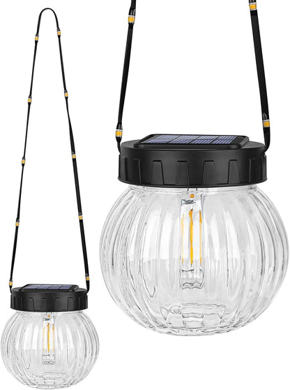 PARTPHONER Solar Lights Outdoor Waterproof 12-Pack, Solar Powered Hanging Lantern Ribbed Glass Hanging Globes for Yard Decor Christmas Decoration, Shepherd Hook, Garden Tree Ornaments, Clear