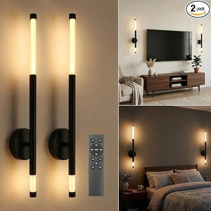 Battery Operated wall Sconce Set of Two Peel and Stick Cordless Wireless Rechargeable wall Lights Black Modern Decor with Remote Control for hallways Living Room Bedroom Bedside