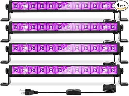 4 Pack 45W LED Black Light Bar, Blacklight with 6.6ft Cord+Switch, Light Up 26x26ft, Glow in The Dark for Halloween, Party, Birthday, Body Paint, Fluorescent Poster, Bedroom