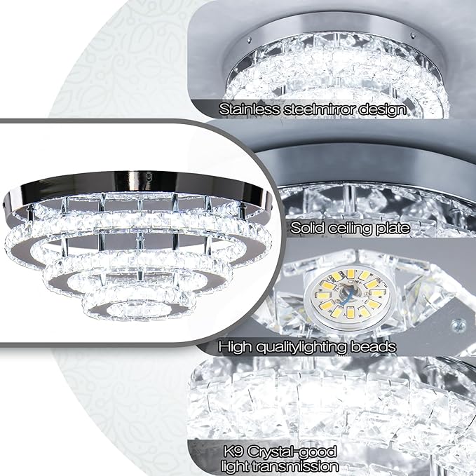 Modern Crystal Ceiling Light, 13.7" 3-Tier Round LED Flush Mount Chandelier, 42W Integrated LED, 6000K Cool White, Non-Dimmable Ceiling Lamp for Bedroom, Hallway, Entryway
