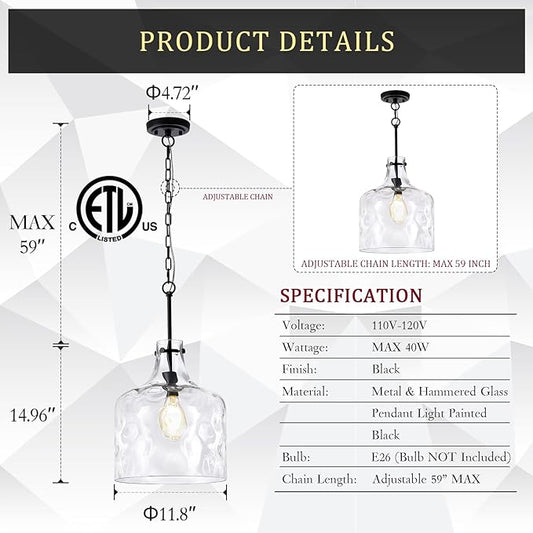 CATINER Extra Large 16" Vintage Farmhouse Pendant Light – Hand-Blown Clear Hammered Glass Shade, Adjustable Chain, Hanging Light for Kitchen Island, Dining Room, Hallway, Black Finish