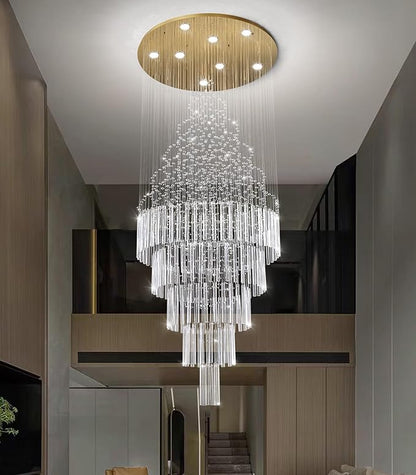 HAIXIANG W24 x H78 Crystal Glam Chandelier Long Light Chandeliers with Dimmable Light Bulbs High Ceiling Light Fixtures for Foyer Entryway Living Room Stair Gold