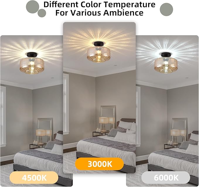 Glass Semi Flush Mount Ceiling Light, Modern Close to Ceiling Light Fixtures with Amber Glass Shade, 11" Round Light Fixtures Ceiling Mount for Bathroom Dining Room Bedroom Living Room Hallway, E26