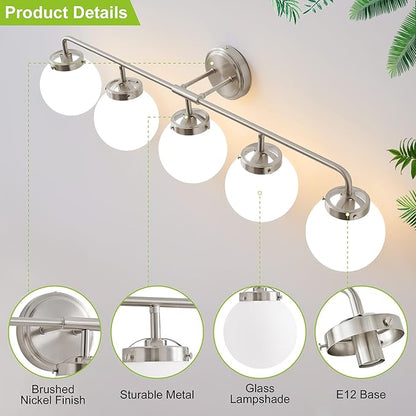 Bathroom Light Fixtures Over Mirror, Brushed Nickel Modern Vanity Lighting with Milk White Glass Globe Shades 5-Light Farmhouse Wall Sconce