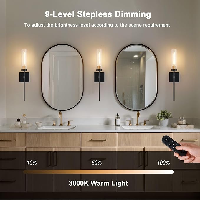 SANTOSTOCK Battery Operated Wall Sconce Set of 2, Black & Gold Wireless Sconces Wall Decor, Rechargeable Wall Lights for Bedroom Living Room Entryway Bathroom Hallway Stairwell