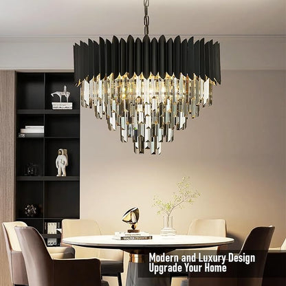 8-Light Large Crystal Chandeliers 24" Dining Room Light Fixture 5-Tier Flush Mount Smoke Gray and Black Crystal Chandelier Round Pendant Light for Dinning Room Living Room Entryway Foyer