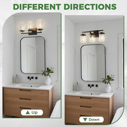 DORESshop 17 Inch Bathroom Light Fixtures, 3-Light Black & Rope Bathroom Lighting Fixtures Over Mirror with Clear Glass Shade, Vanity Lights for Living Room Bedroom