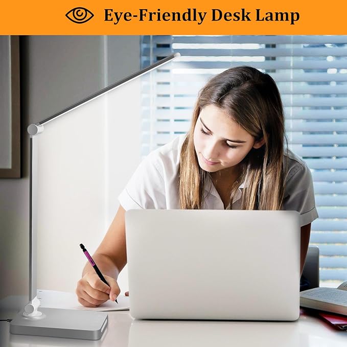 Dott Arts LED Desk Lamp with USB Ports,Touch Desk Lamps for Home Office with 5 Color Modes,3 Brightness Desk Light with Small Night Light,Reading Lamp Table LED Lamp for Bedroom Bedsid Study Sliver