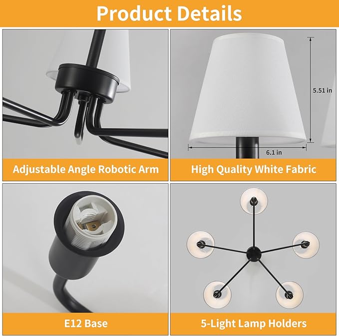 Black Chandeliers for Dining Room 30” Bedroom Light Fixture with White Fabric Shade 5-Light Modern Farmhouse Chandelier Adjustable Pendant Lighting Fixtures for Kitchen Island,Living Room,Entryway