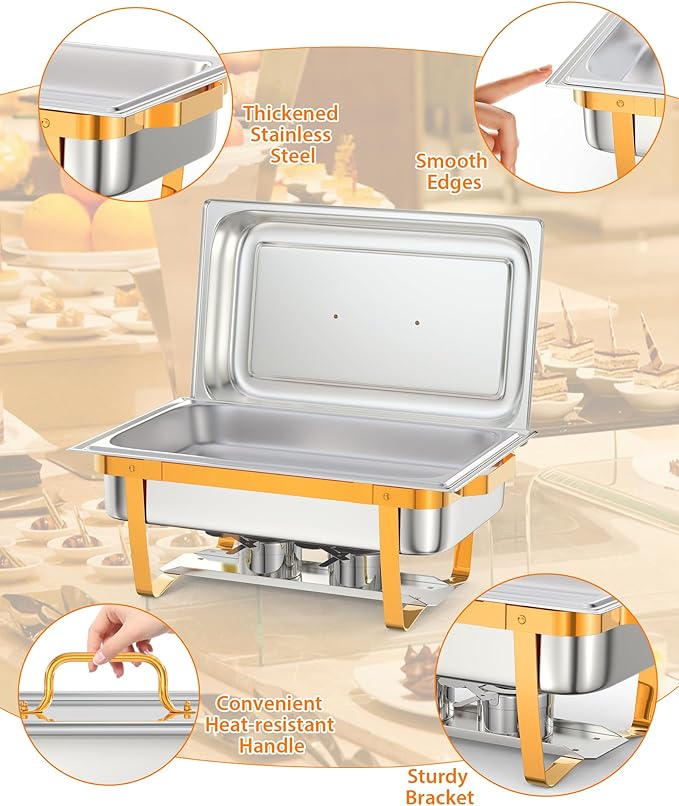 6 Pack Chafing Dishes for Buffet, Stainless Steel Catering Chafer with Lids, Pans & Fuel Holder, 8QT Food Warmers for Parties Buffet, Buffet Servers and Warmers for Parties, Events, Weddings, Gold