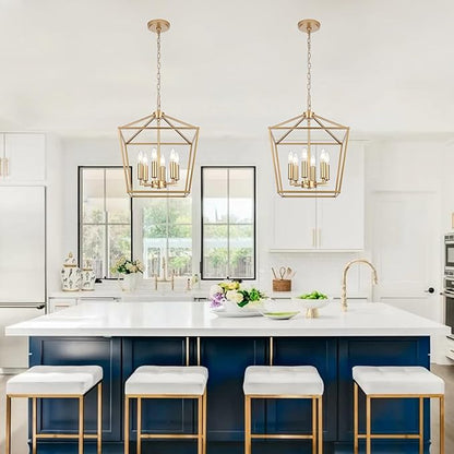 MELUCEE 16-inch Wide Farmhouse Chandelier Gold, 6-Light Vintage Openwork Cage Pendant Lighting Lantern Hanging Ceiling Light, Ideal for Kitchen Island Dining Areas Foyer, E12 Base