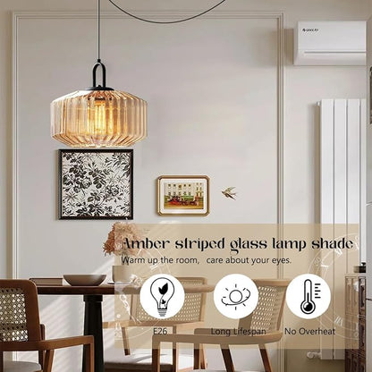 Amber Plug in Pendant Light, Hanging Lamps for Living Room Plug in Glass Globe Pendant Light, Modern Plug in Cord Pendant Hanging Light with 14.7 ft Cord On/Off Switch Striped Glass Shade