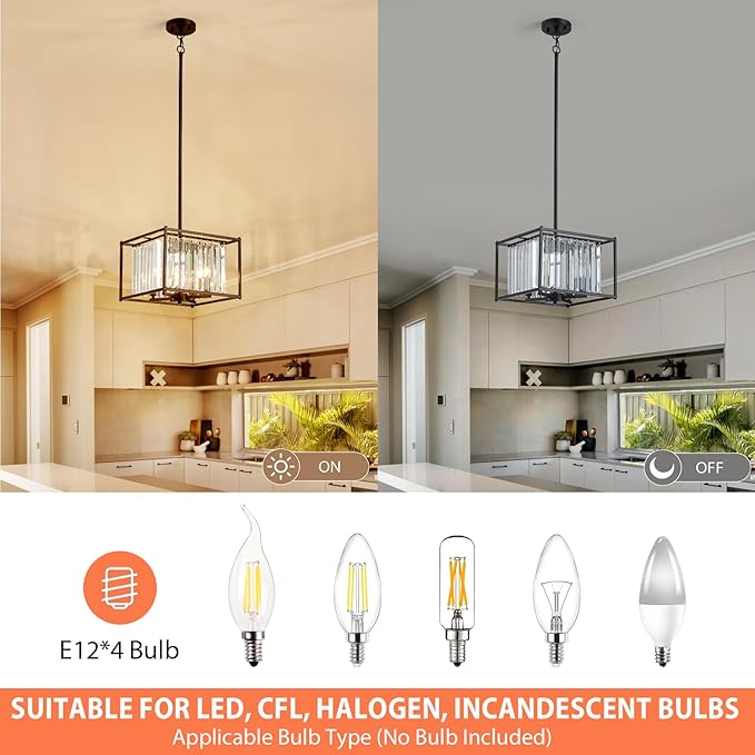 Square Black Crystal Chandeliers for Dining Room, 13" Luxury Geometric 4-Light Kitchen Farmhouse Pendant Lighting Fixture for Pool Table Entryway Foyer Hallway Office