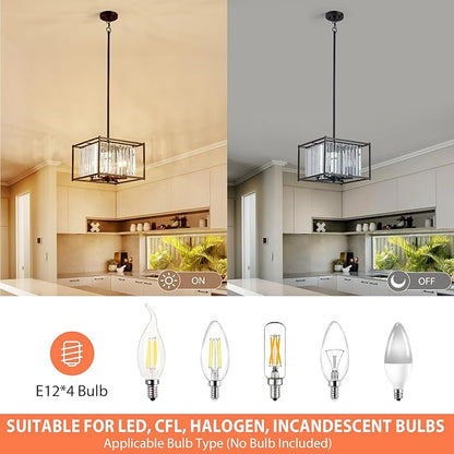 Square Black Crystal Chandeliers for Dining Room, 13" Luxury Geometric 4-Light Kitchen Farmhouse Pendant Lighting Fixture for Pool Table Entryway Foyer Hallway Office