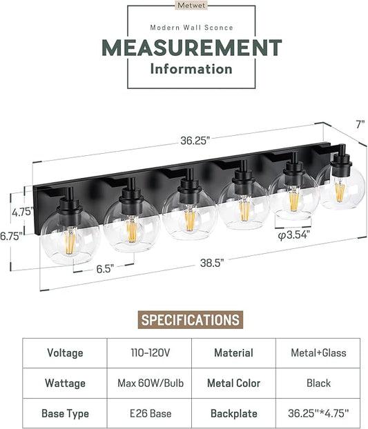 Bathroom Light Fixtures, 6 Light Matte Black Vanity Light, 38 Inch Modern Wall Sconces with Globe Clear Glass Shade, Vanity Lighting Fixtures Over Mirror, VL195-MB-6