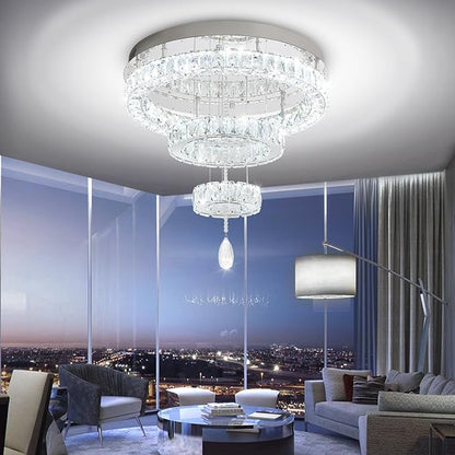 Flashing God Dia 20" Modern Crystal Chandelier for Dining Room Silver Ceiling Chandelier Flush Mount Ceiling Light for Living Room Bedroom Hallway LED Light Fixture Dimmable with Remote