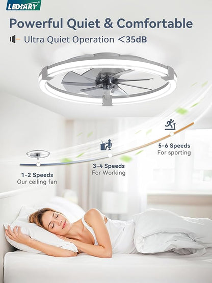 LEDIARY Ceiling Fans with Lights, 23 Inch Low Profile Ceiling Fan with Remote, 6 Speeds, Reversible, Dimmable Flush Mount Fan Light, Modern Fandelier Ceiling Fan with Lights for Bedroom, Grey
