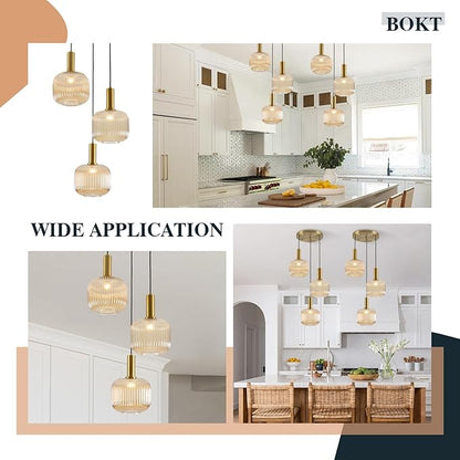 BOKT Gold Cluster Globe Glass Ceiling Chandelier 3-Light Amber Hanging Pendant Light Brushed Brass Dining Room Chandelier Stair Adjustable Hanging Light Fixture for Corridor Entryway