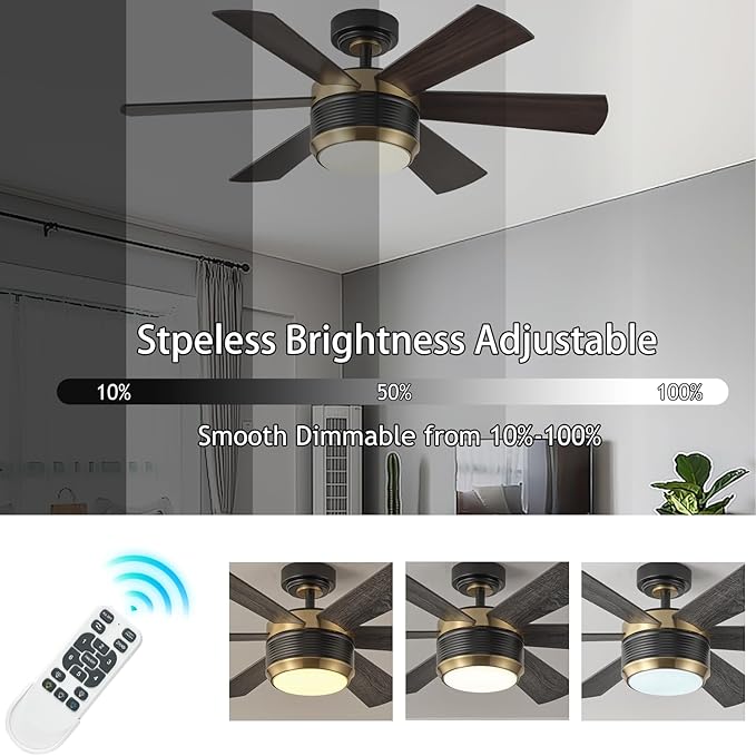 SHOWDI Ceiling Fan with Lights and Remote, 6 Blade App Control Timer Reversible Stepless Brightness and Color Temperature Outdoor Wood Ceiling Fan with Lights (Black-Gold, 42 Inch)