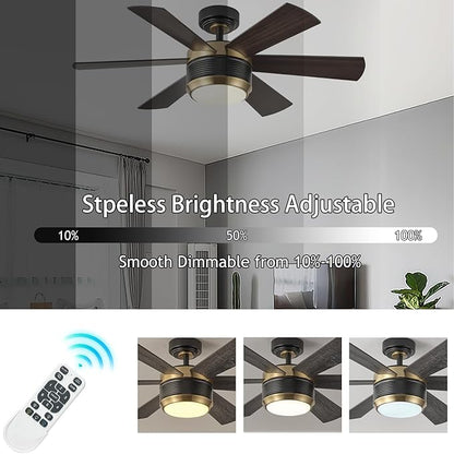 SHOWDI Ceiling Fan with Lights and Remote, 6 Blade App Control Timer Reversible Stepless Brightness and Color Temperature Outdoor Wood Ceiling Fan with Lights (Black-Gold, 42 Inch)
