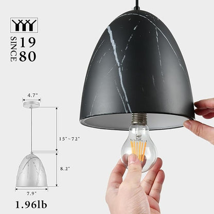 Modern Marble Pendant Light, 8.2"x7.9" Metal Hanging Light Fixture with Faux Black Stone Finish, 15"-72" Adjustable Line, E26 Socket for Office, Living Room, Dining Area – Midnight Stone