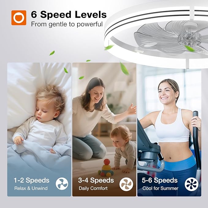 addlon Ceiling Fans with Lights and Remote, 24'' Low Profile Ceiling Fans, 3000-6000K Dimmable Modern Flush Mount LED Fan Light, Fandelier Ceiling Fan for Bedroom, Kitchen, Living Room, White