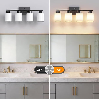 PARTPHONER 4-Light Matte Black Bathroom Light Fixtures, Modern Vanity Light Over Mirror Lighting, Wall Sconce with Frosted Milky White Glass Shades for Bedroom Living Room Kitchen Hallway