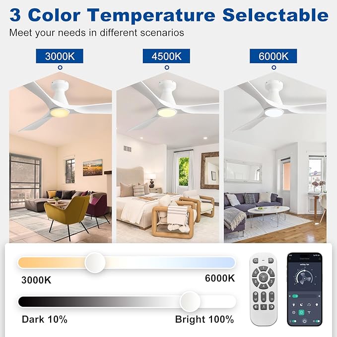 DLLT 52-Inch Ceiling Fans with Lights: Flush Mount Ceiling Fan 3 Blades for Indoor Outdoor - White Ceiling Fan with Remote APP Control Noiseless for Low Profile Bedroom