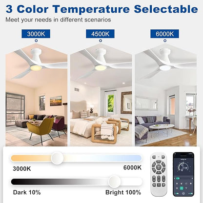 DLLT 52-Inch Ceiling Fans with Lights: Flush Mount Ceiling Fan 3 Blades for Indoor Outdoor - White Ceiling Fan with Remote APP Control Noiseless for Low Profile Bedroom
