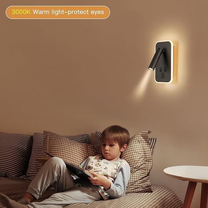 Bed Reading Light, Wall Mounted Reading Fixture with USB C+A Ports, Adjustable Headboard Sconces, Plug-in or Hardwired Bedside Lamp, Modern Black 10W+3W 3000K Warm Ambient lighting for Bedroom