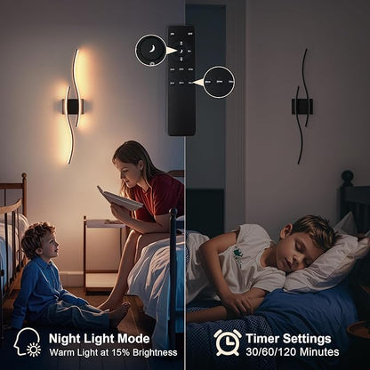 KARTOOSH Battery Operated Wall Sconces Set of Two with Remote Control, Dimmable/3 Color/Night-Light/Timer/Memory, Black Modern Wireless LED Sconce for Living Room, Hallway, Bedroom, 31.4 Inch (2 Pack)