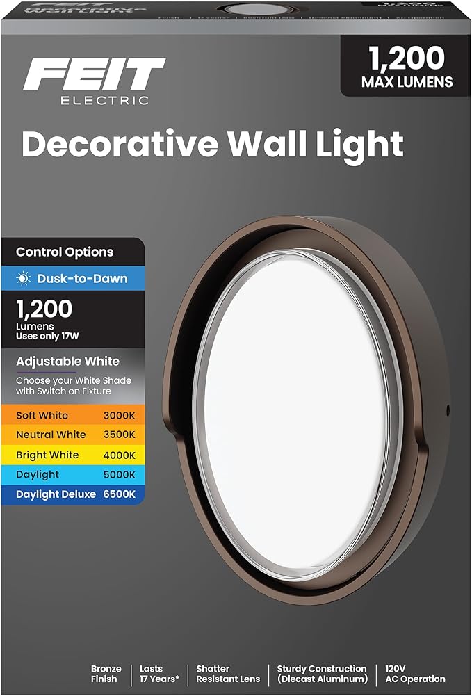 Feit Electric LED Outdoor Wall Light, 1200 Lumens Dusk-to-Dawn Porch Light with 5CCT Selectable Color (3000K–6500K), Bronze Exterior Wall Mount Fixture, Wet Rated LED Sconce S10OWM/5CCT/DD/BZ