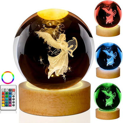 Guardian Angel Crystal Ball Lamp,16 Colors Glass Angels Figurine Ball Night Light with Wooden Base and Remote Control, Angels Gifts and Birthday Gift for Women Men Kids (Angel)