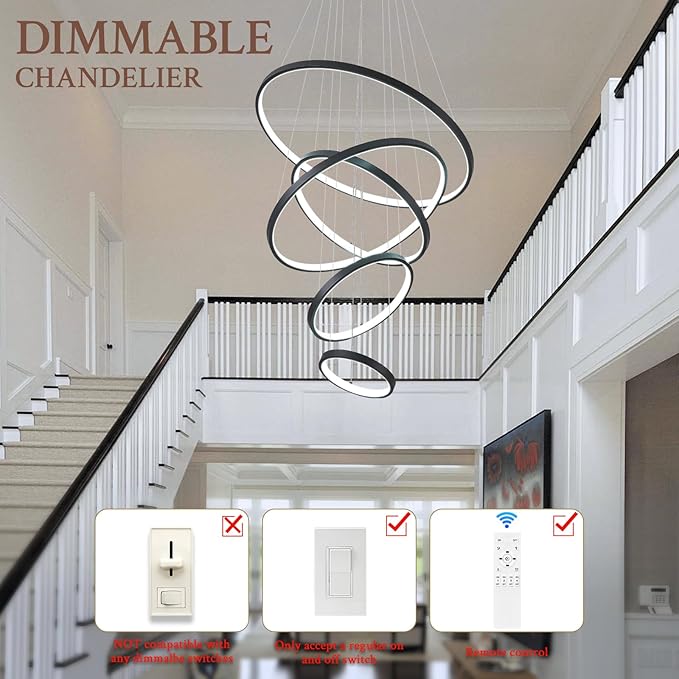 5 Ring Modern LED Chandelier Dimmable Black High Ceiling Chandeliers for Foyer, LED Contemporary Large Pendant Lighting with Remote Control Circular for Living Room Staircase, 3000K-6500K