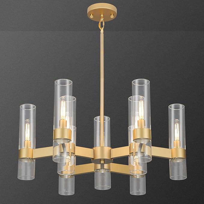LIGHTDAMY Gold Chandelier,9 Light Farmhouse Chandeliers for Dining Room Light Fixtures Over Table,Kitchen Hanging Lighting with Clear Glass Class for Living Room Kitchen Island Hallway Foyer 28"