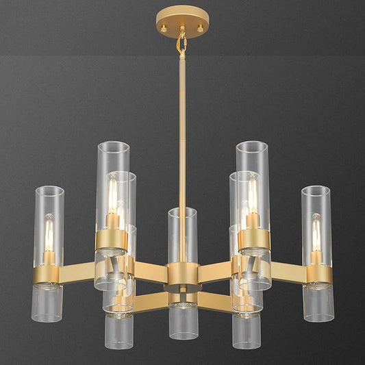 LIGHTDAMY Gold Chandelier,9 Light Farmhouse Chandeliers for Dining Room Light Fixtures Over Table,Kitchen Hanging Lighting with Clear Glass Class for Living Room Kitchen Island Hallway Foyer 28"