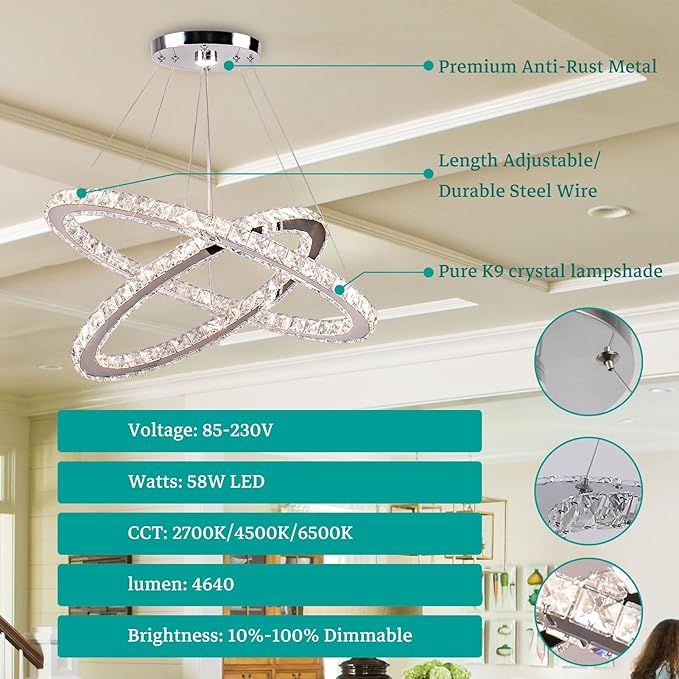 Finktonglan Dimmable Crystal Chandelier, Modern 2 Ring Oval LED Chandelier with Remote & App Control, 23.6"+20" Adjustable Pendant Light, 3 CCT 2500K/4500K/6500K, Kitchen Island Dining Room Bedroom
