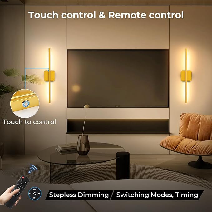 GvvooHome 1 Pack Battery Operated Wall Sconce Detachable 360°Rotate, Wireless Wall Lamp 3000-6500K Dimmable, 10000mAh Rechargeable Wall Light for Bedroom, Living Room，28.3" Gold