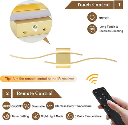 KARTOOSH Battery Operated Wall Sconces Set of Two with Remote Control, Dimmable/3 Colors/Night-Light/Timer/Memory, Gold Modern Wireless LED Sconce for Living Room, Hallway, Bedroom, 27.5 Inch (2 Pack)